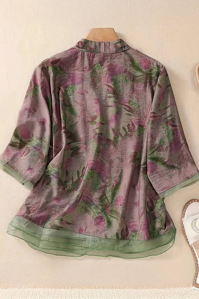French Boutique Style Organza Floral Print Blouse