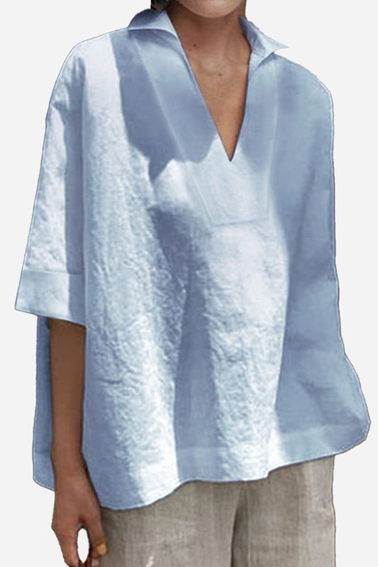 Cotton-Linen V-Neck  Relaxed Fit Shirt