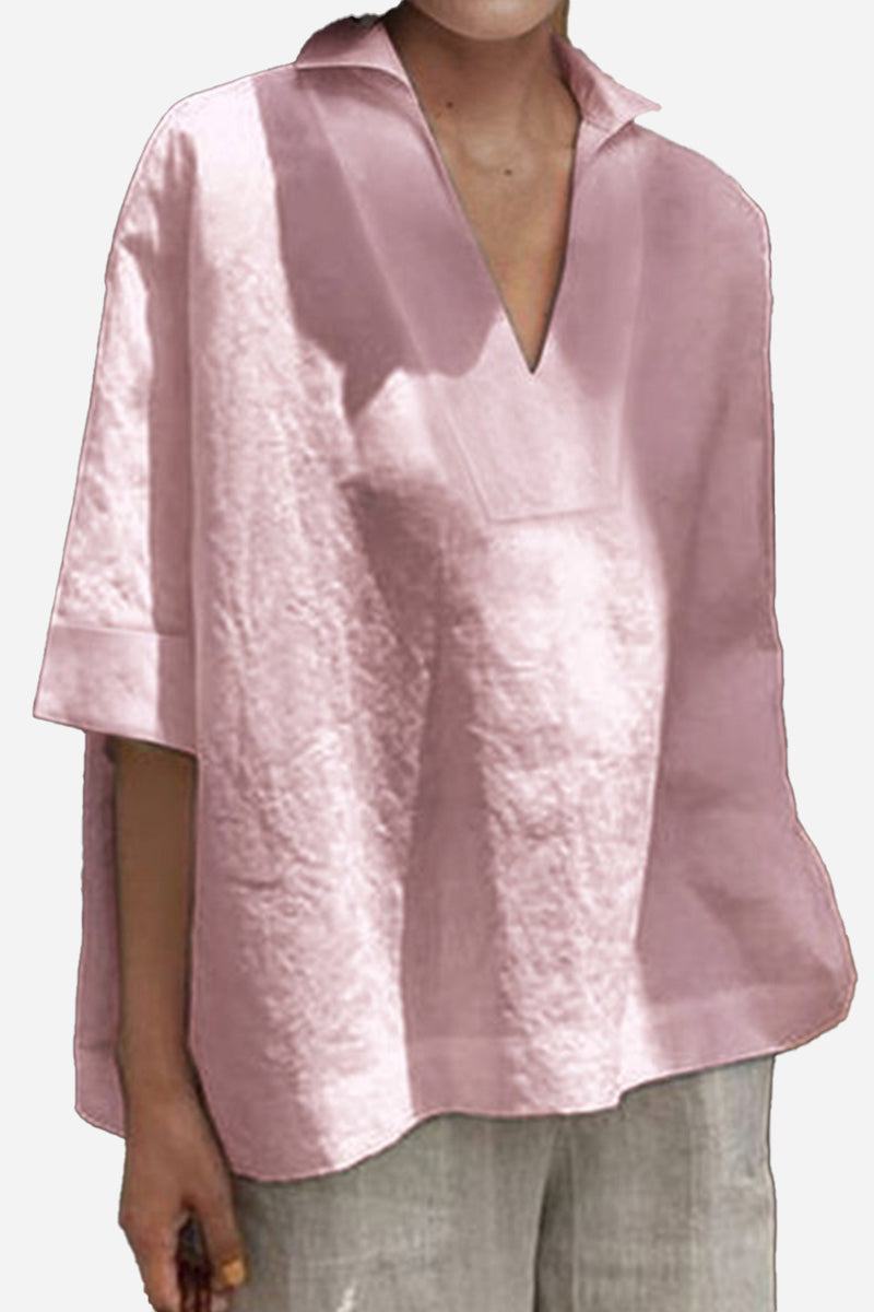 Cotton-Linen V-Neck  Relaxed Fit Shirt