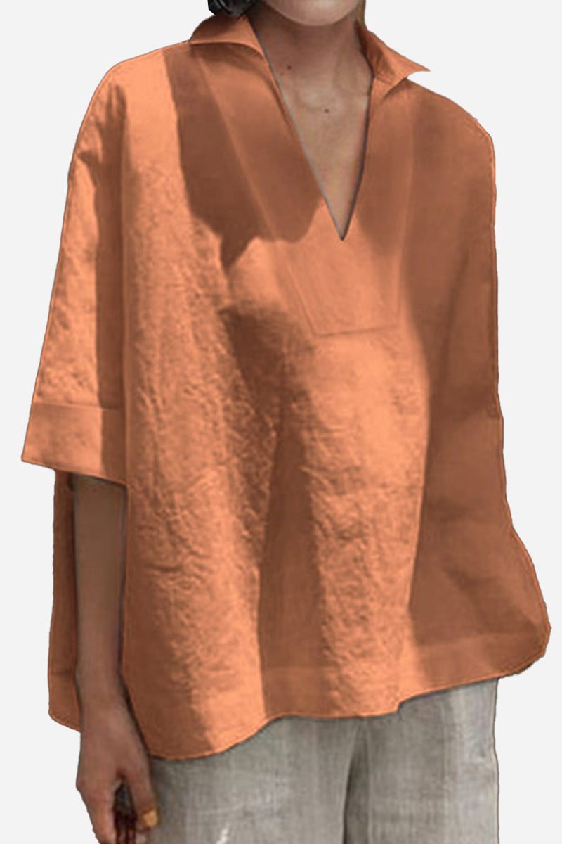 Cotton-Linen V-Neck  Relaxed Fit Shirt