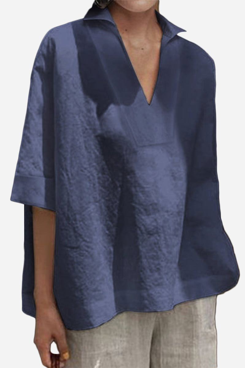 Cotton-Linen V-Neck  Relaxed Fit Shirt