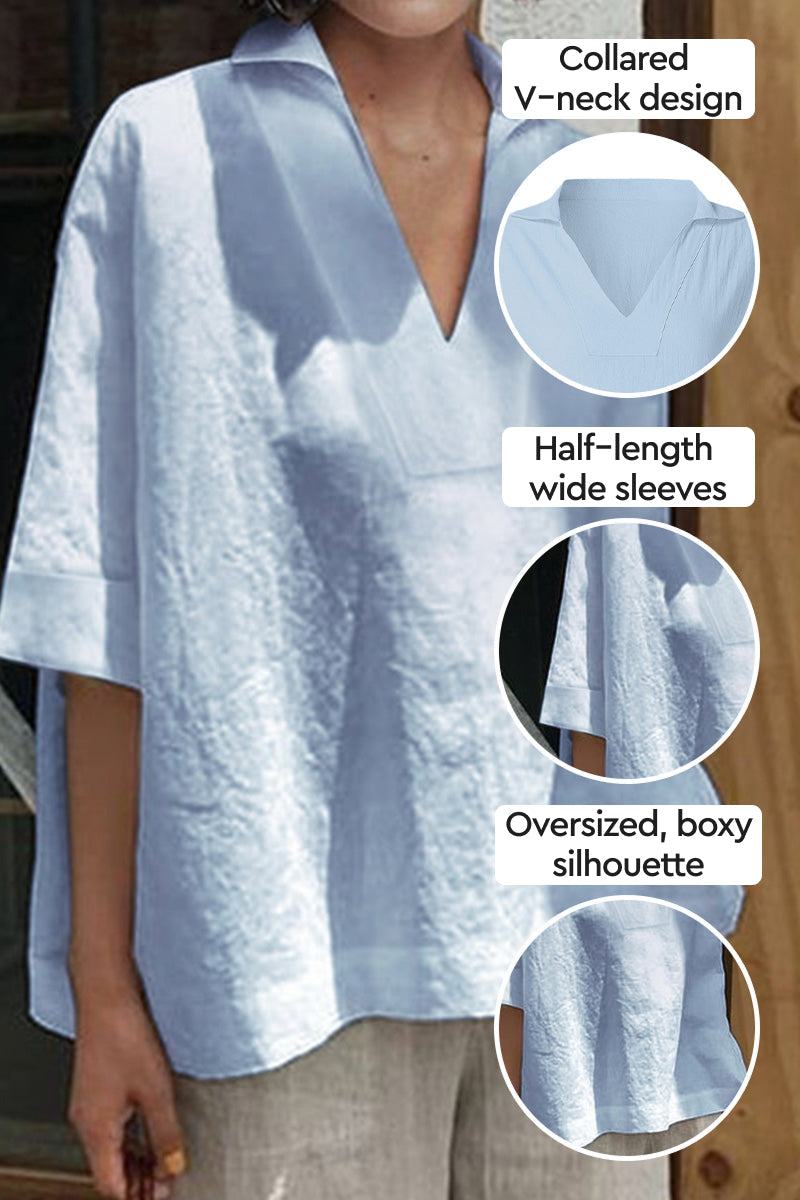 Cotton-Linen V-Neck  Relaxed Fit Shirt