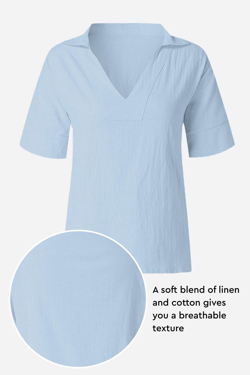 Cotton-Linen V-Neck  Relaxed Fit Shirt