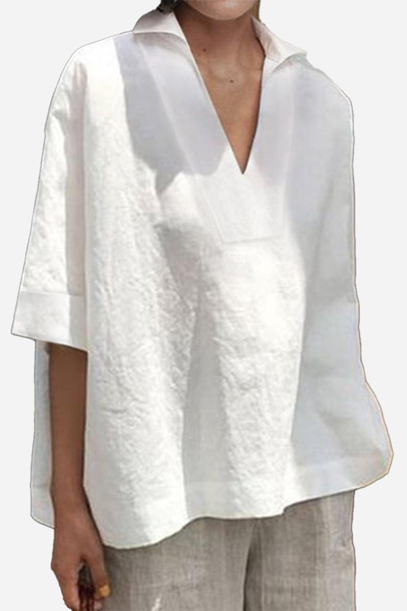 Cotton-Linen V-Neck  Relaxed Fit Shirt