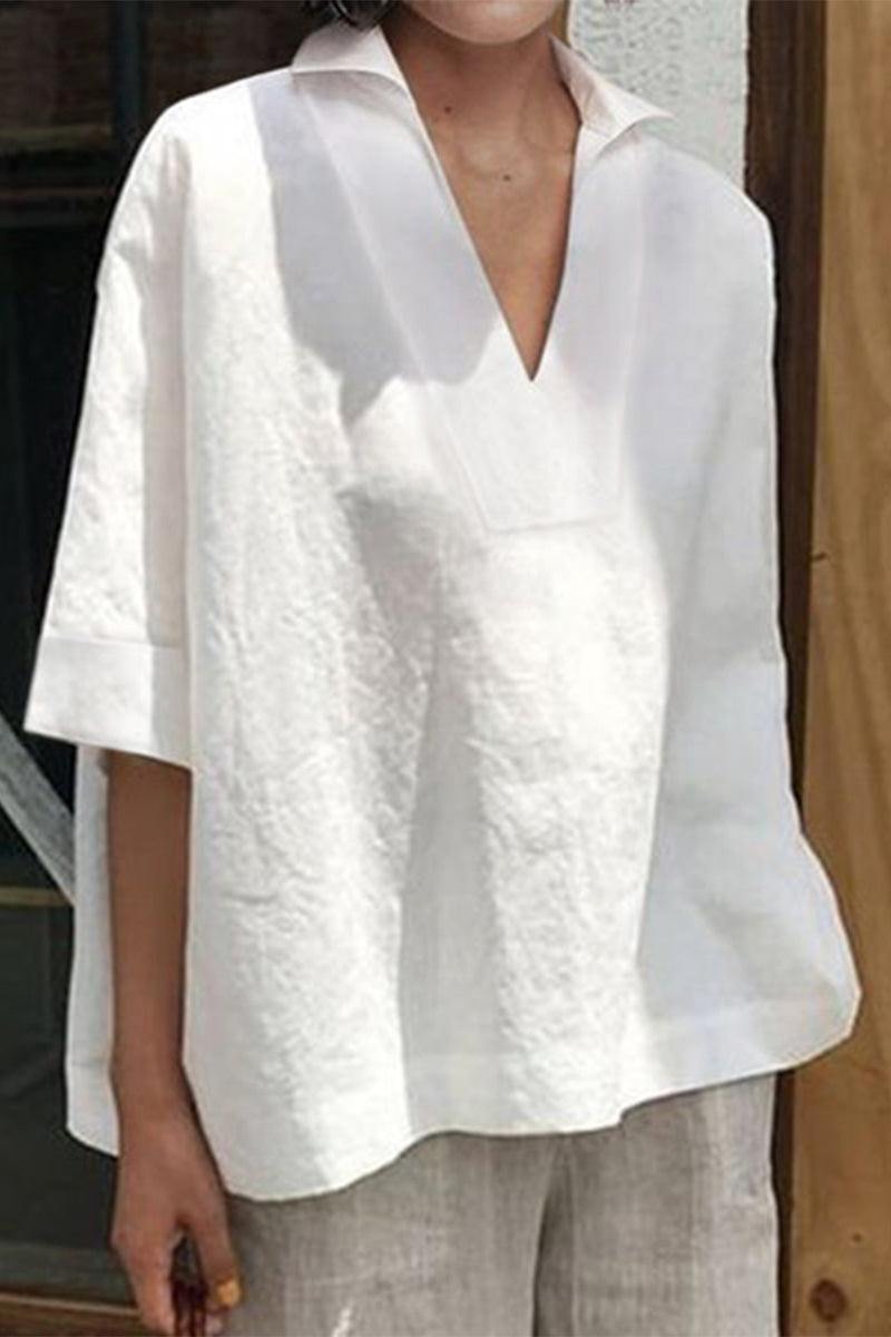 Cotton-Linen V-Neck  Relaxed Fit Shirt