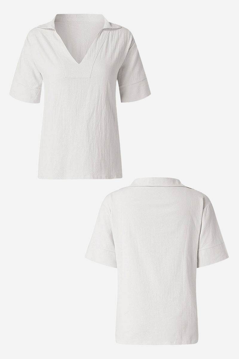 Cotton-Linen V-Neck  Relaxed Fit Shirt