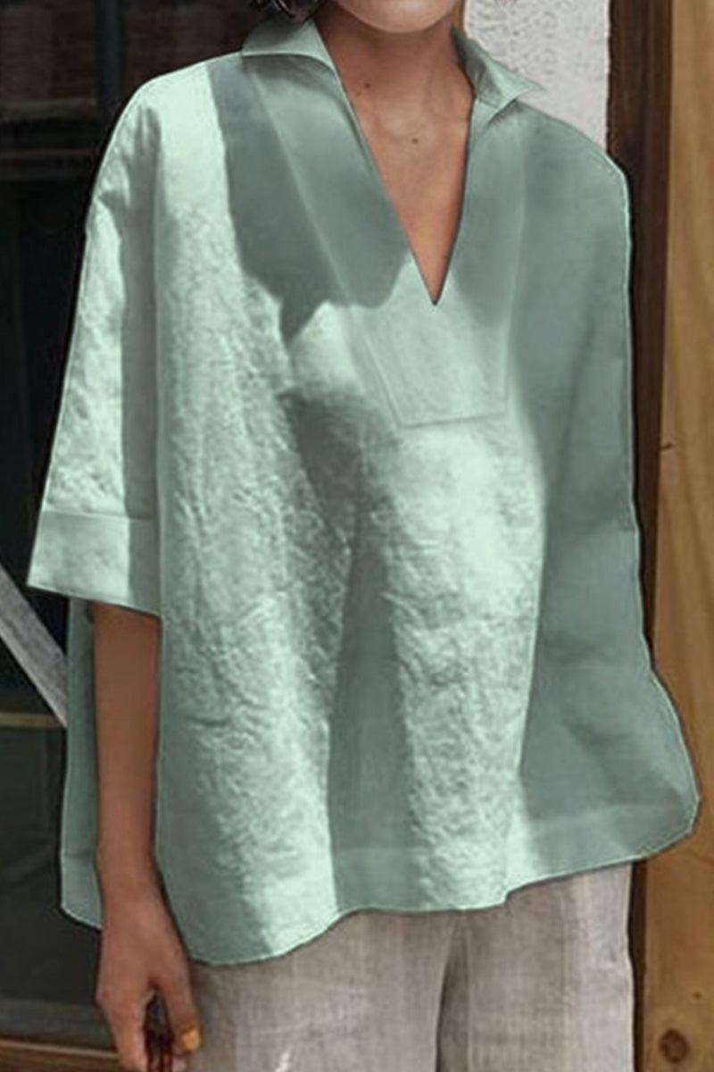 Cotton-Linen V-Neck  Relaxed Fit Shirt