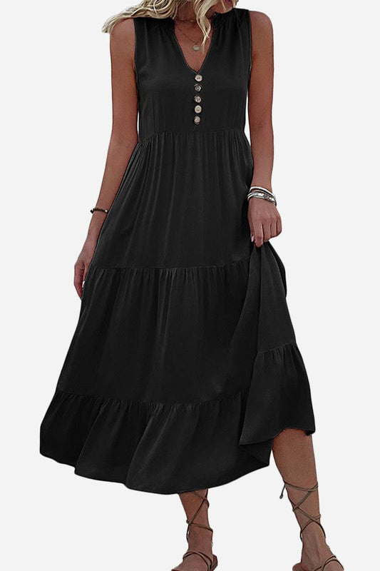 Bohemian Tiered Midi Dress with V-Neck Button Detail