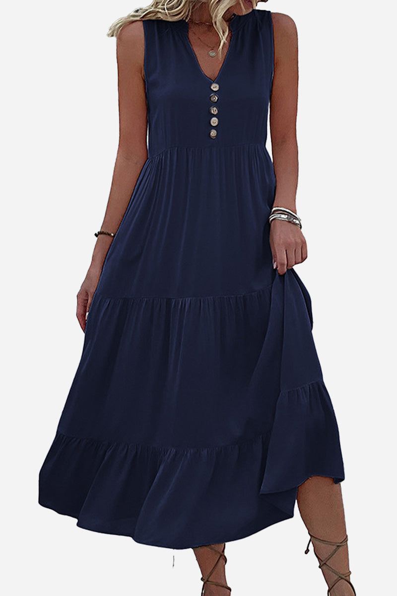 Bohemian Tiered Midi Dress with V-Neck Button Detail
