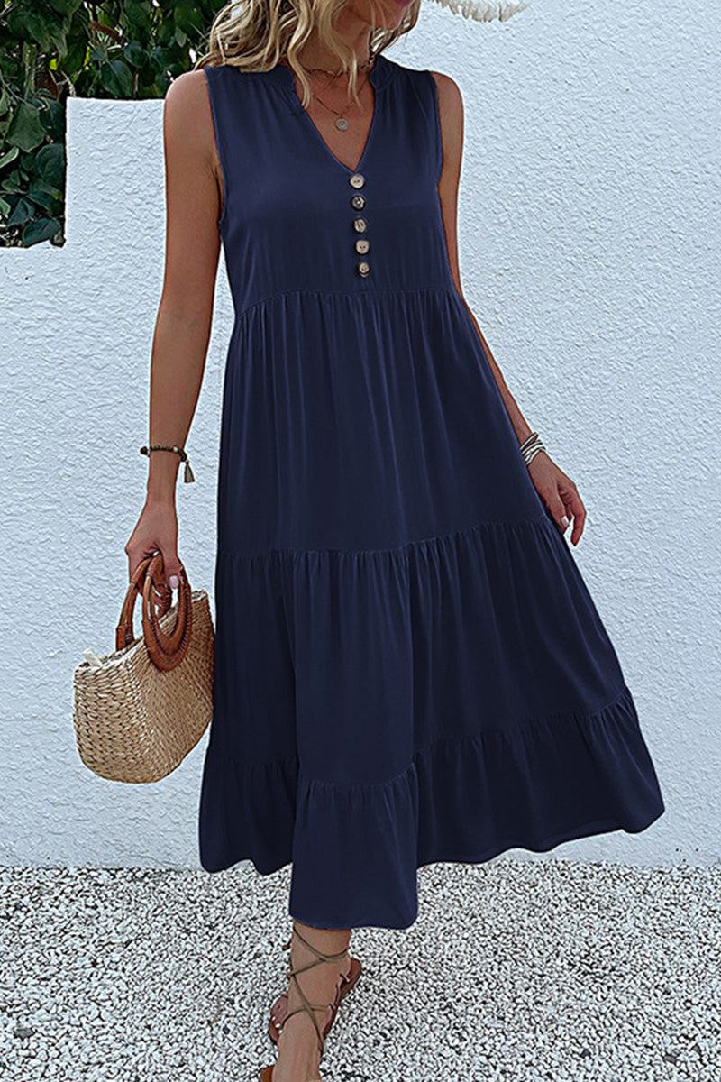 Bohemian Tiered Midi Dress with V-Neck Button Detail