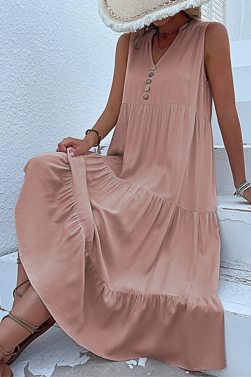 Bohemian Tiered Midi Dress with V-Neck Button Detail