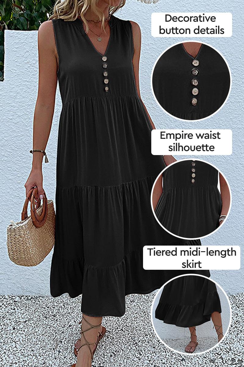 Bohemian Tiered Midi Dress with V-Neck Button Detail