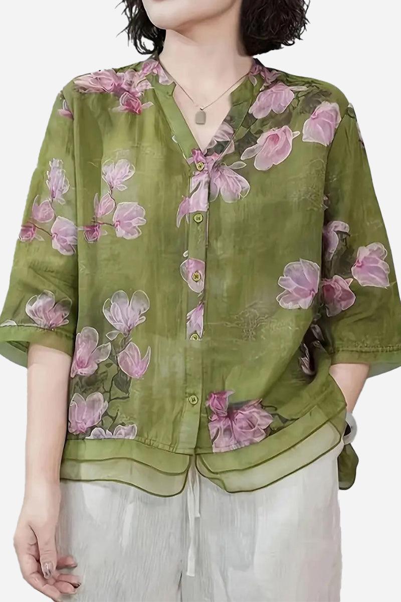 French Boutique Style Organza Floral Print Blouse