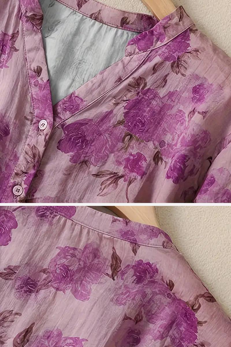 French Boutique Style Organza Floral Print Blouse