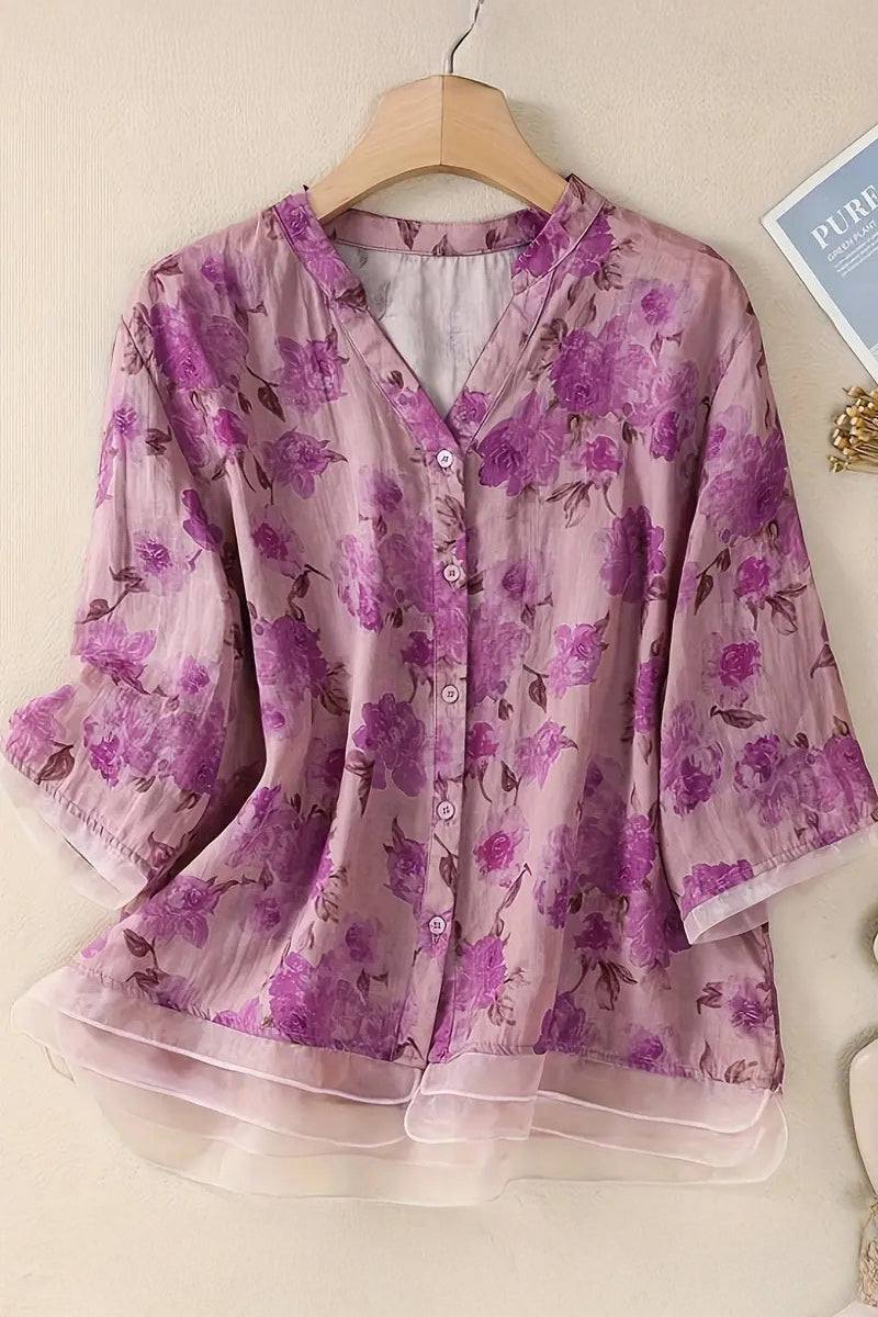French Boutique Style Organza Floral Print Blouse