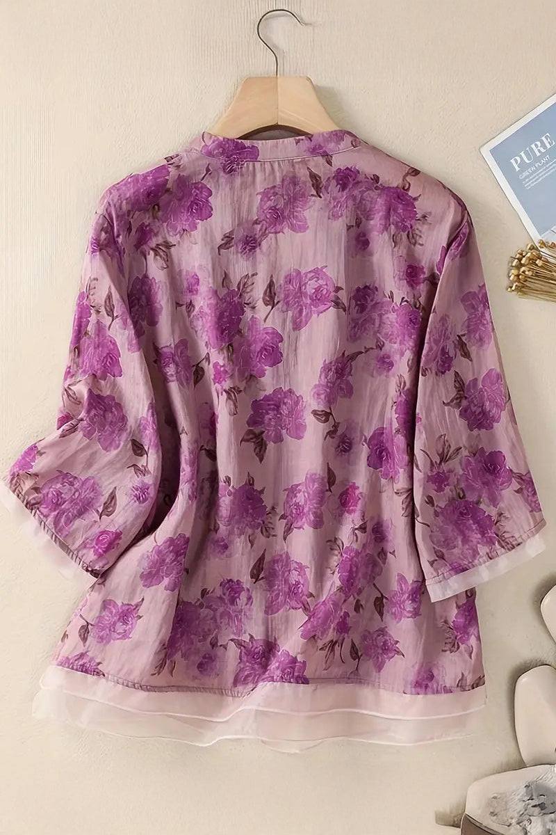 French Boutique Style Organza Floral Print Blouse