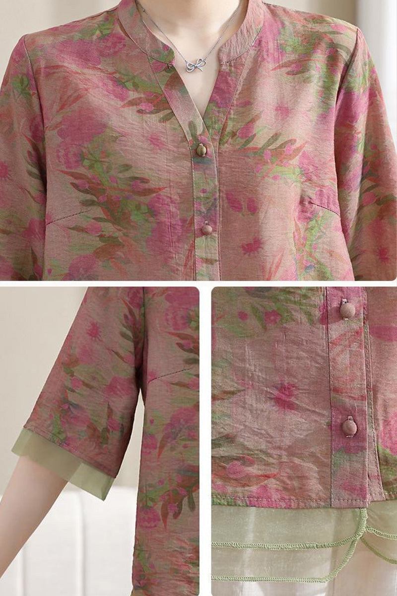French Boutique Style Organza Floral Print Blouse