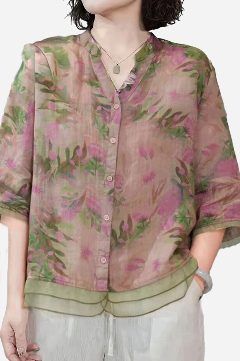 French Boutique Style Organza Floral Print Blouse