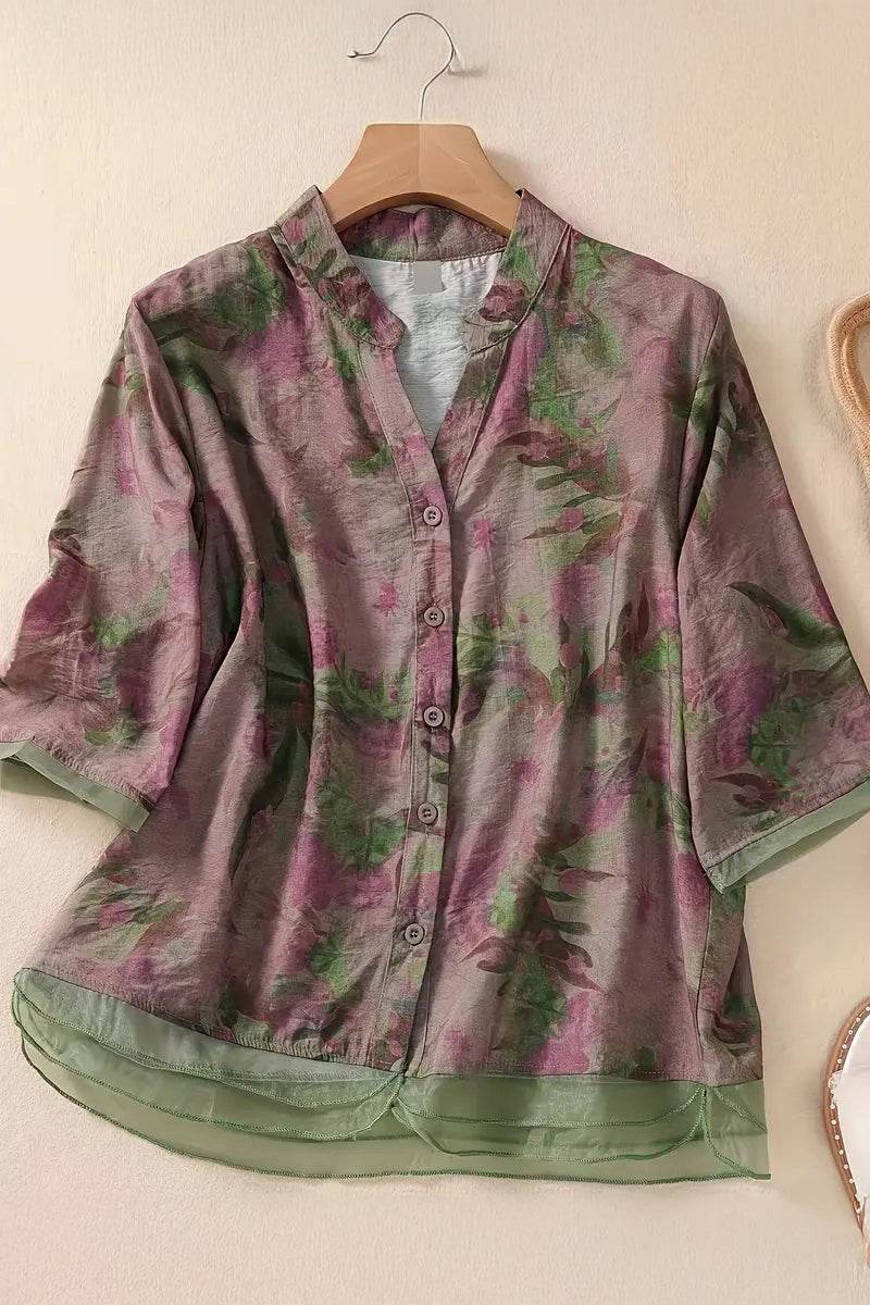 French Boutique Style Organza Floral Print Blouse