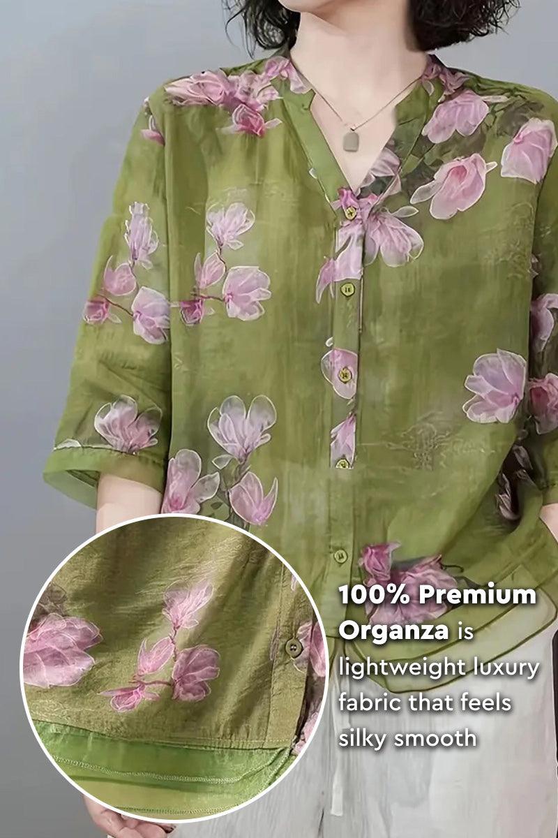 French Boutique Style Organza Floral Print Blouse