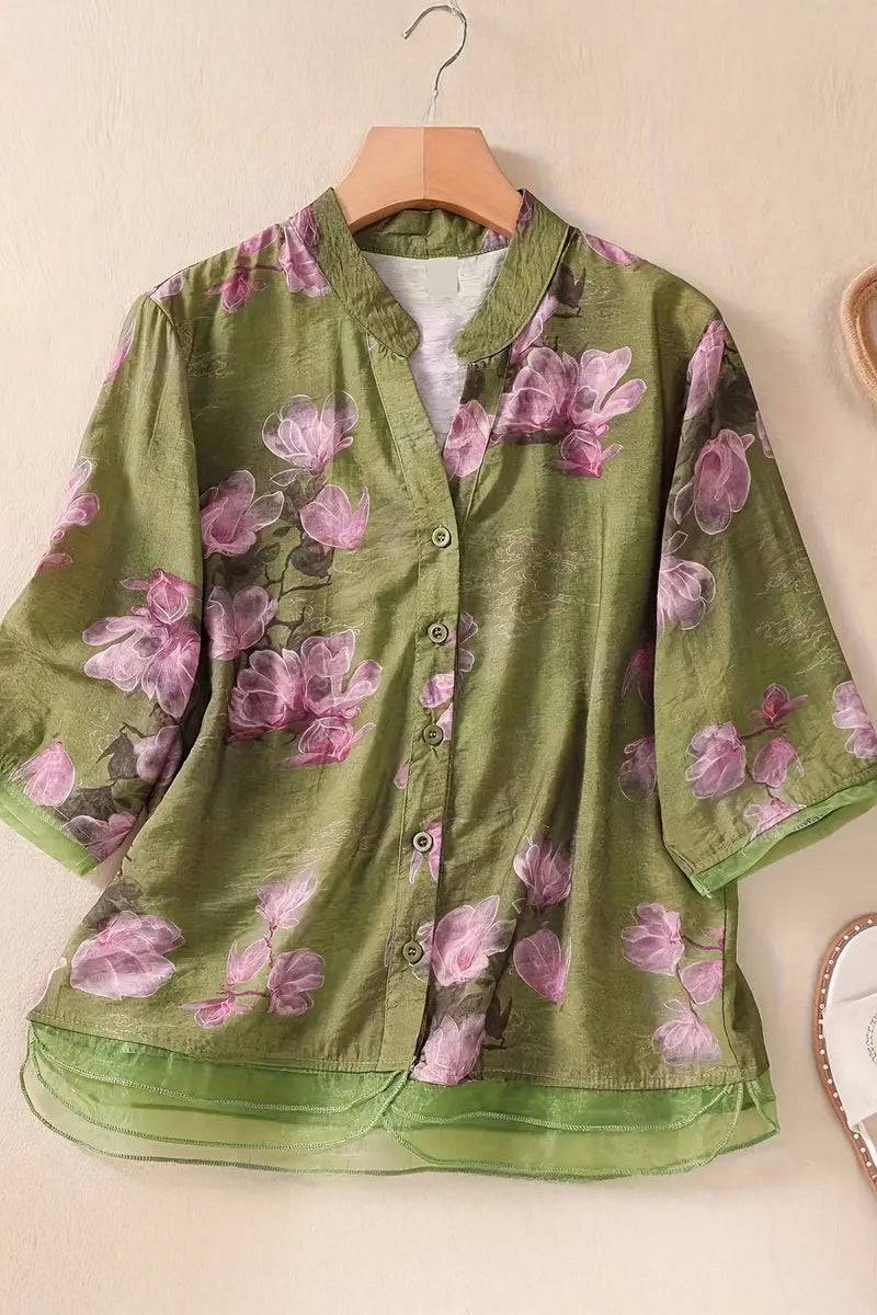 French Boutique Style Organza Floral Print Blouse