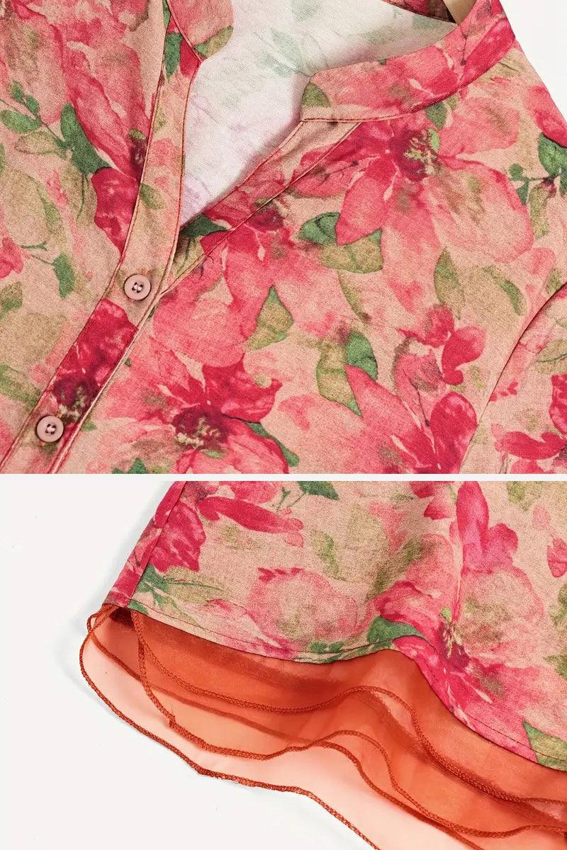 French Boutique Style Organza Floral Print Blouse