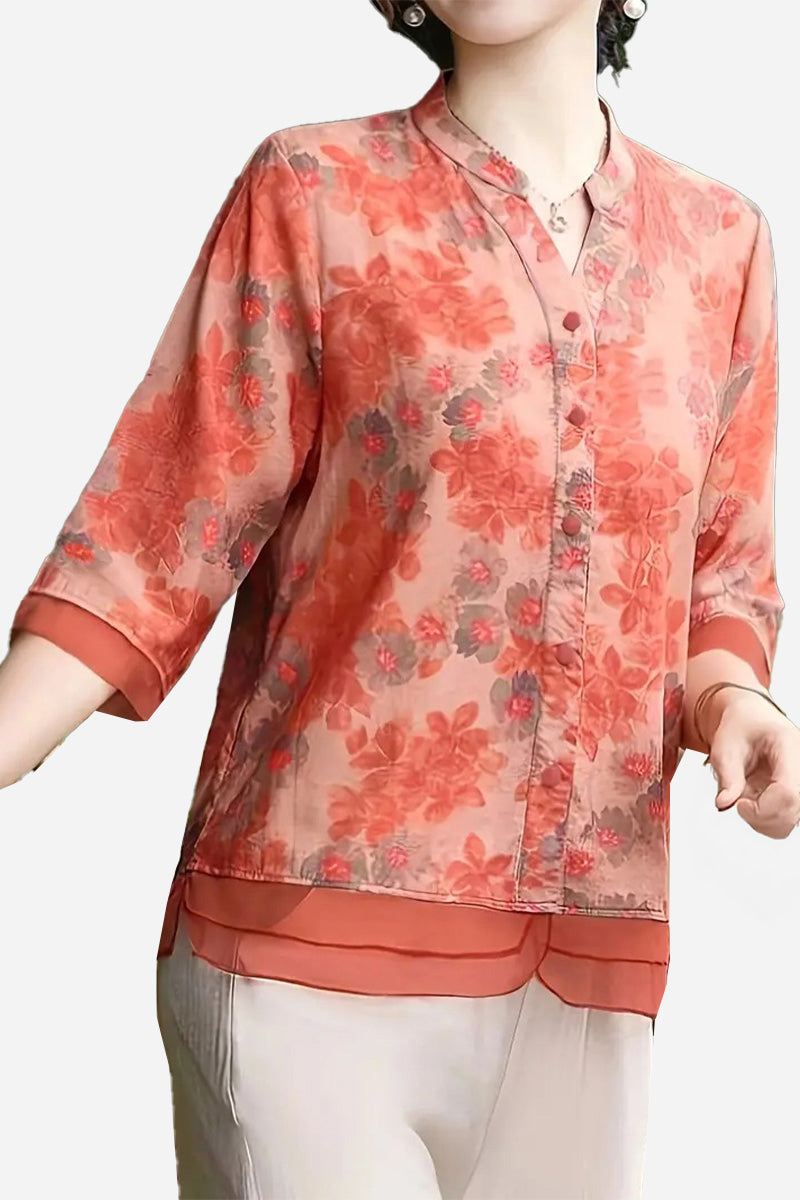 French Boutique Style Organza Floral Print Blouse