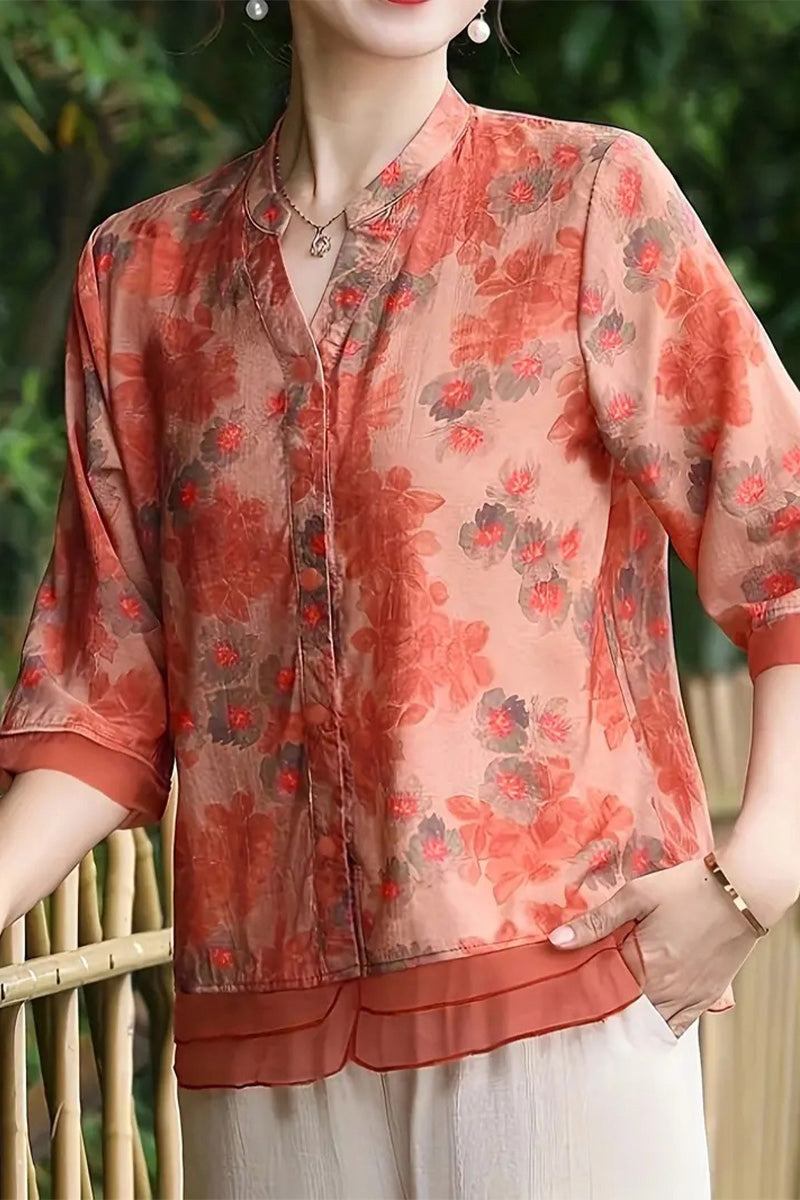 French Boutique Style Organza Floral Print Blouse