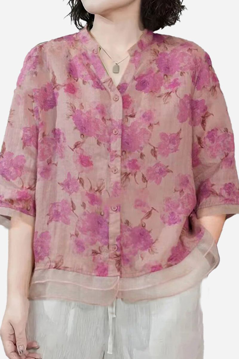 French Boutique Style Organza Floral Print Blouse