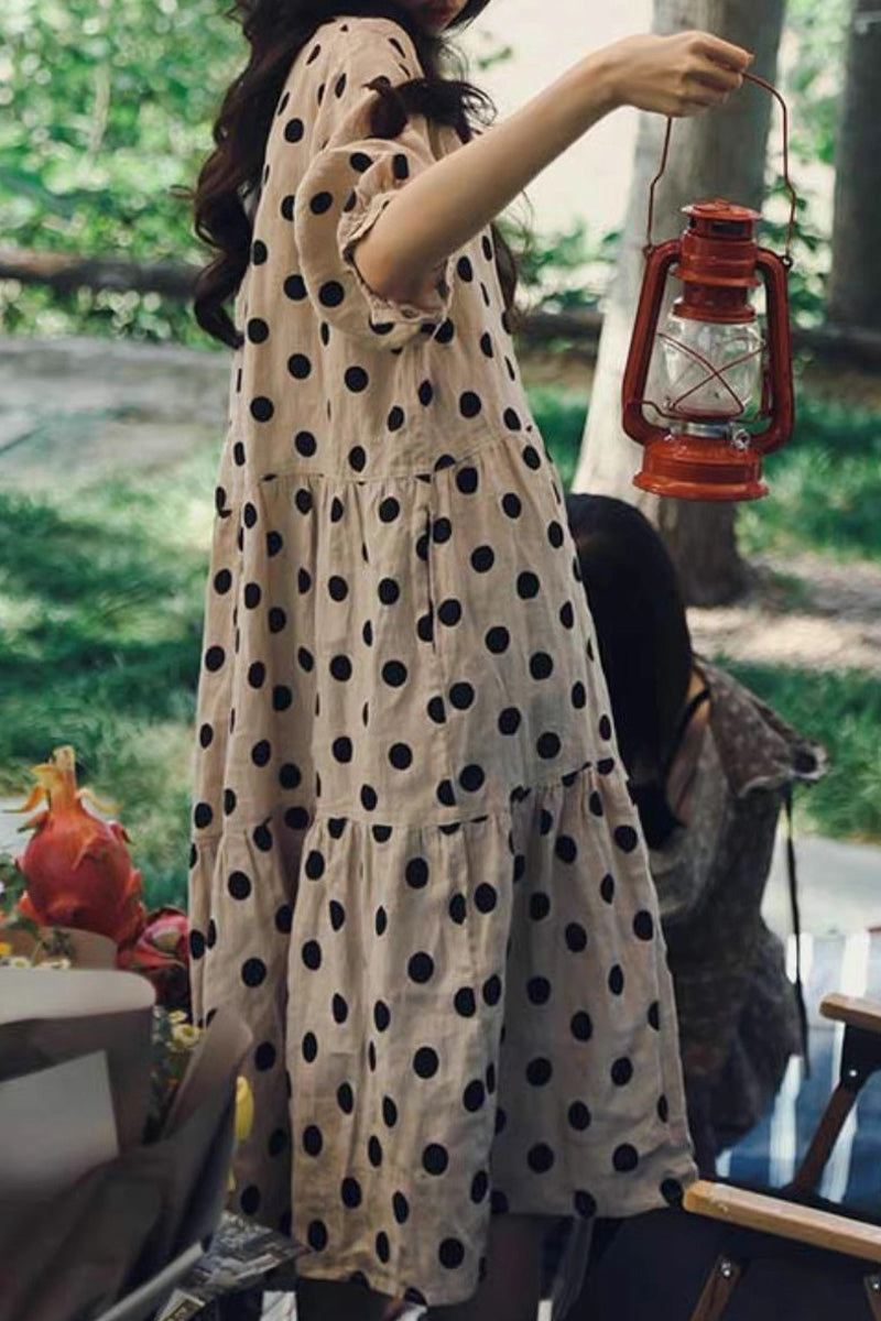 Cottage Garden 100% Linen Polka Dot Dress