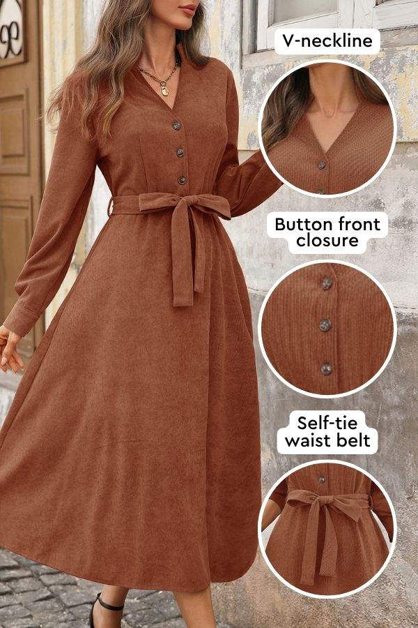 Effortlessly Polished Corduroy Tie-Waist Dress