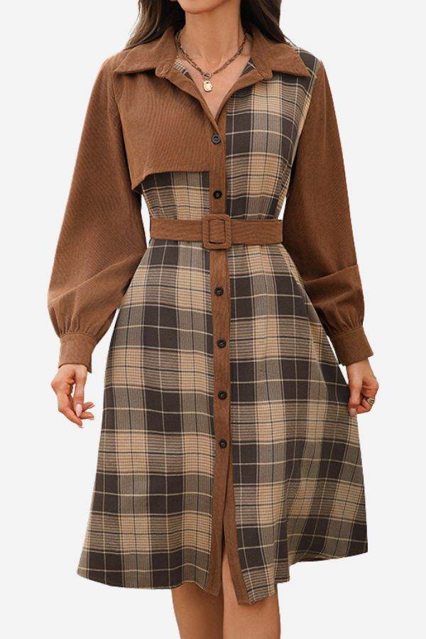 Retro Corduroy Plaid Belted Dress