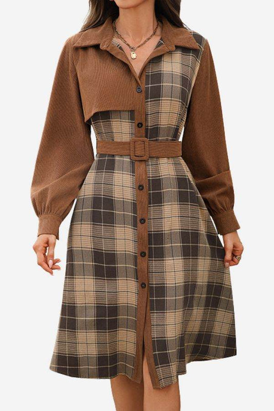 Retro Corduroy Plaid Belted Dress
