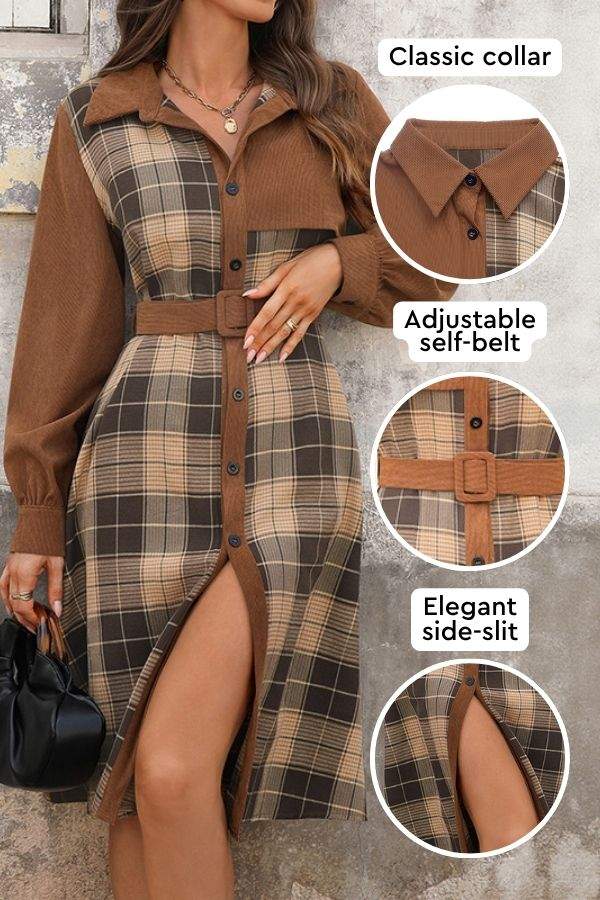 Retro Corduroy Plaid Belted Dress
