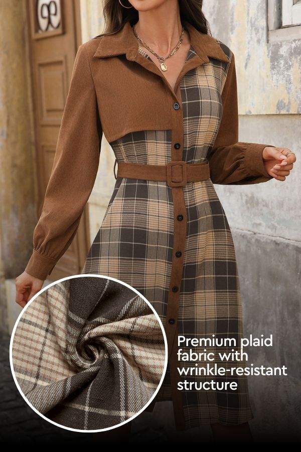 Retro Corduroy Plaid Belted Dress