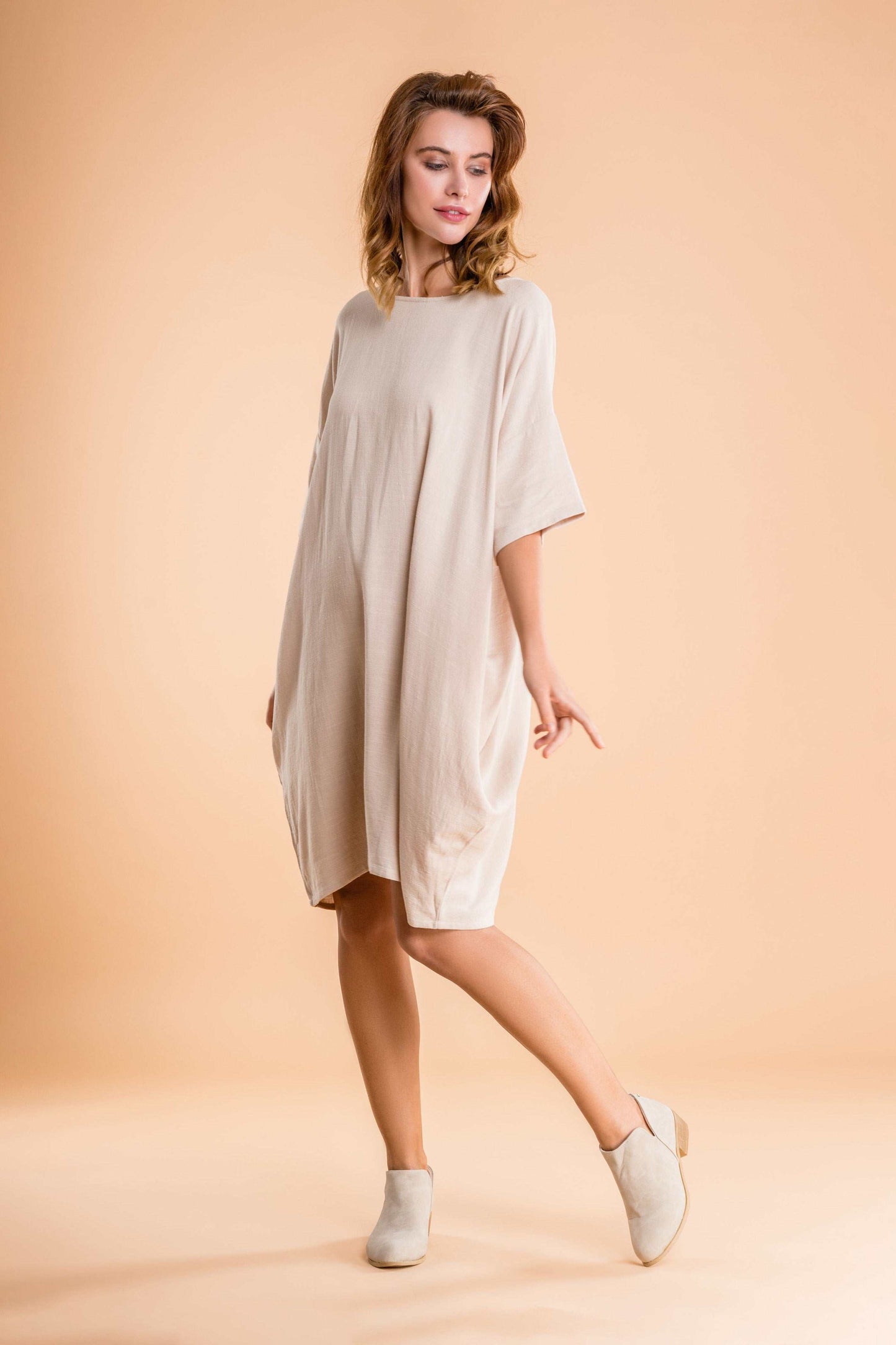 Nude Oversized Premium Linen Ovoid Dress