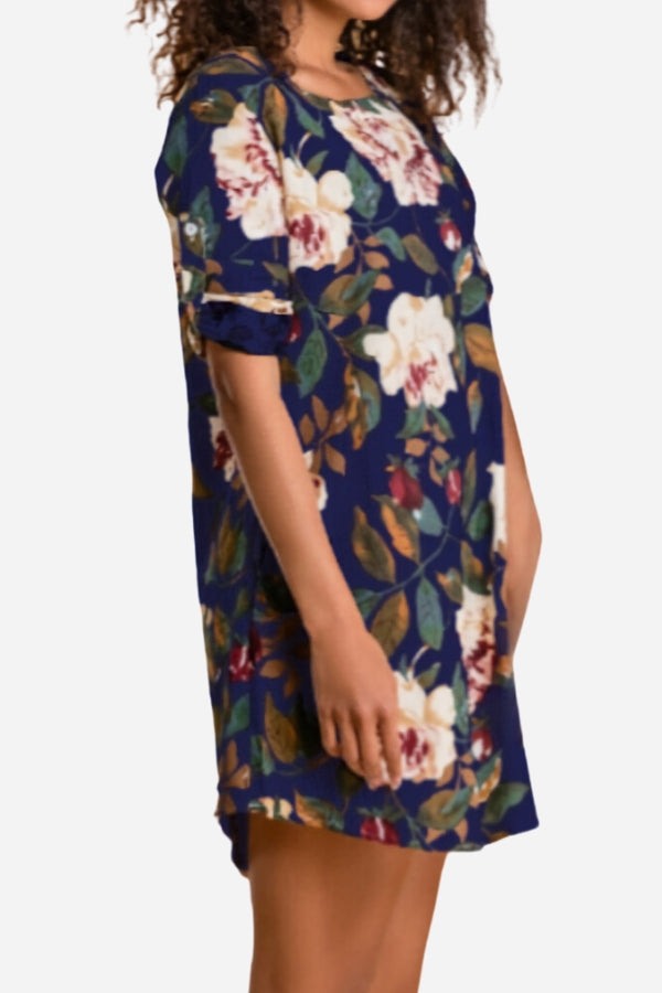 All Over Floral Print Linen Shift Dress
